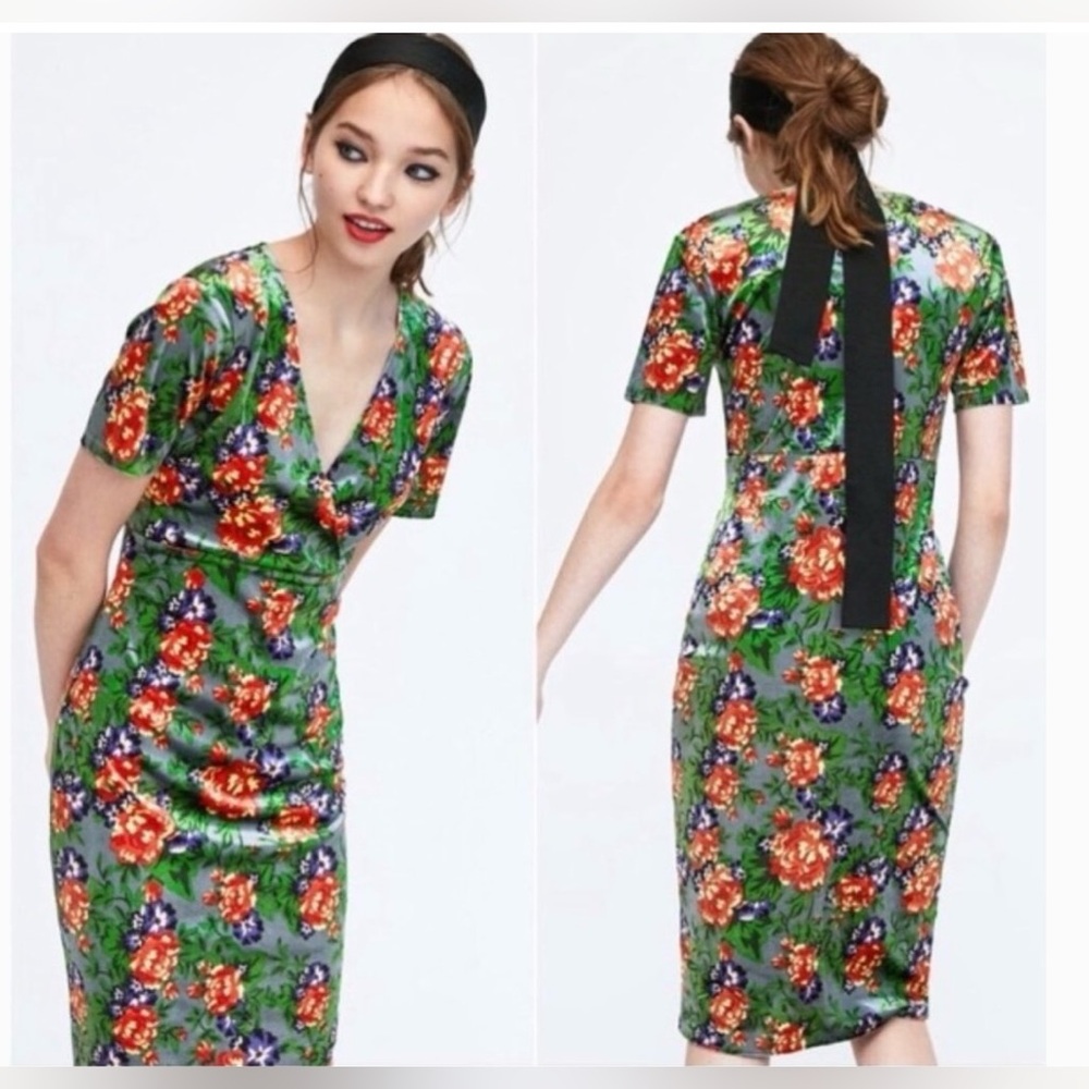 Zara Velvet Dress Women Stretch Midi Size L Floral Green Colorful Fall Party
